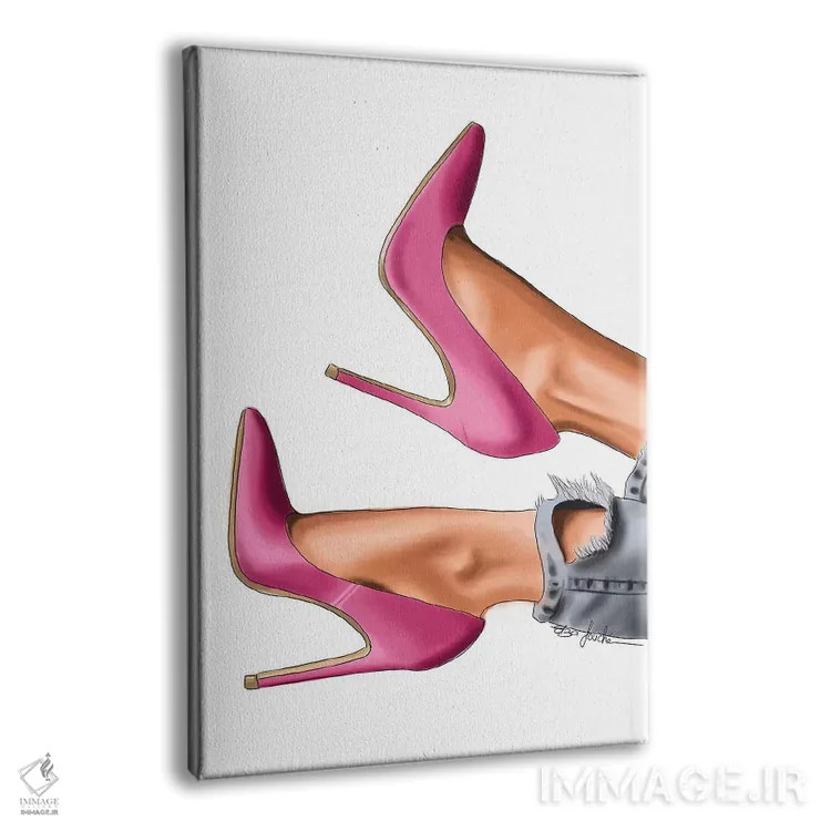 تابلو دکوراتیو کفش پاشنه بلند صورتی و جین پاره اثر الزا فوچه - نمای پرسپکتیو محصول
