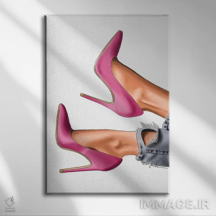 تابلو دکوراتیو کفش پاشنه بلند صورتی و جین پاره اثر الزا فوچه - نمای روبهرو روی دیوار