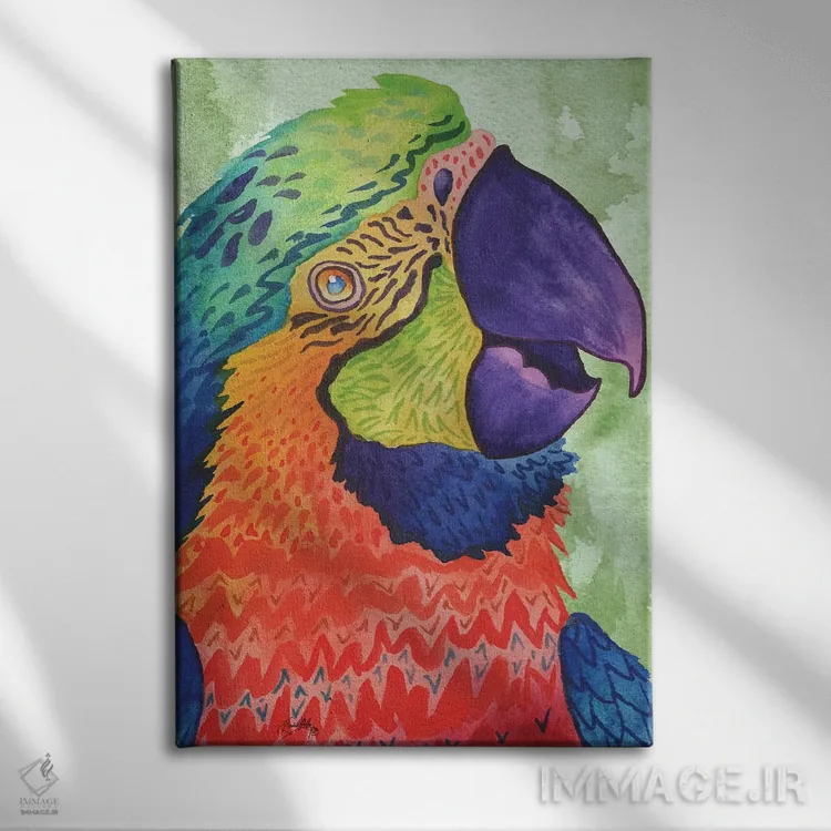 تابلو دکوراتیو طوطی بی نقص اثر الیزابت مدلی - نمای روبهرو روی دیوار