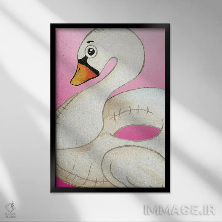 تابلو دکوراتیو قو شناور روی پس زمینه صورتی اثر الیزابت مدلی - نمای قابدار مشکی