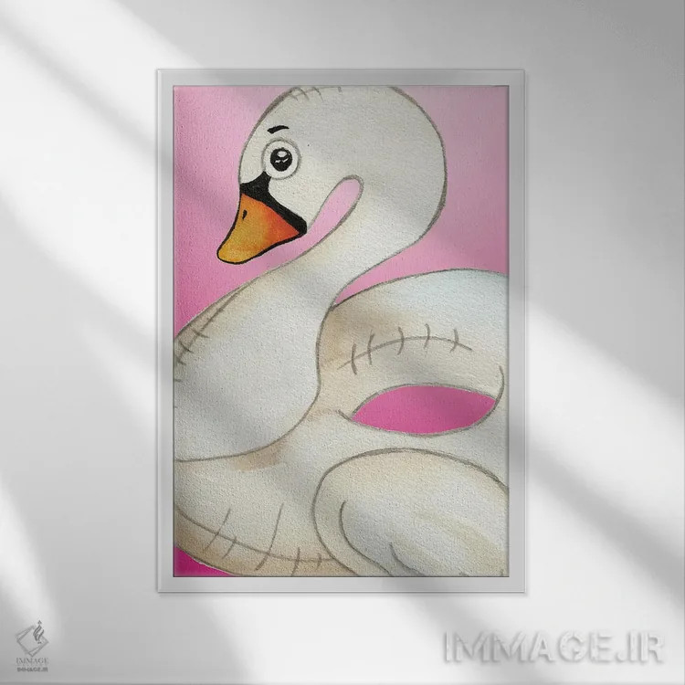 تابلو دکوراتیو قو شناور روی پس زمینه صورتی اثر الیزابت مدلی - نمای قابدار سفید