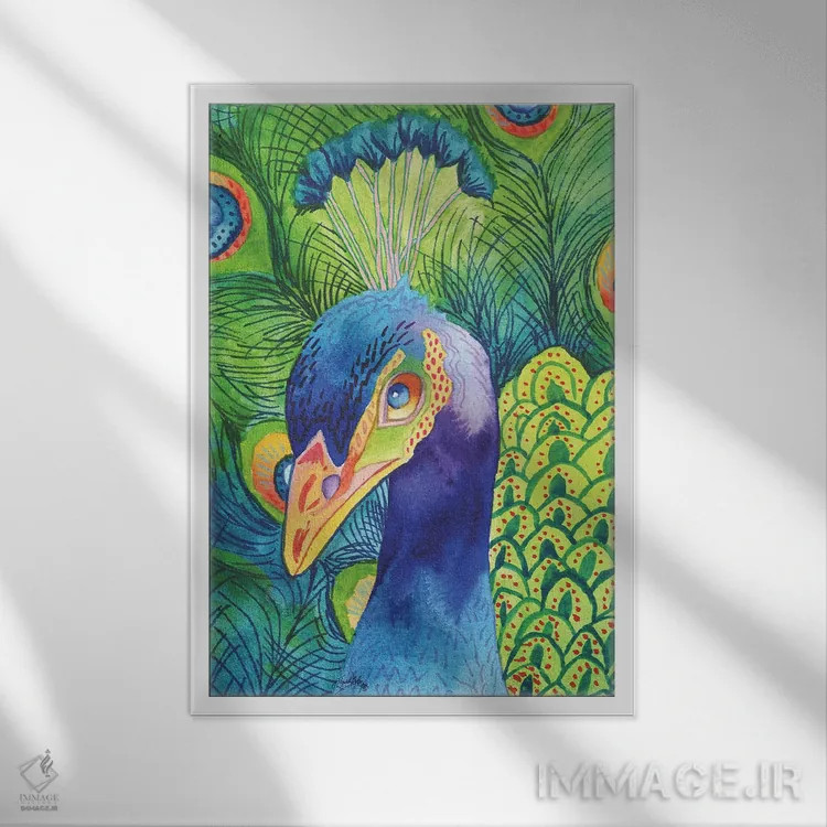 تابلو دکوراتیو طاووس بی نقص اثر الیزابت مدلی - نمای قابدار سفید