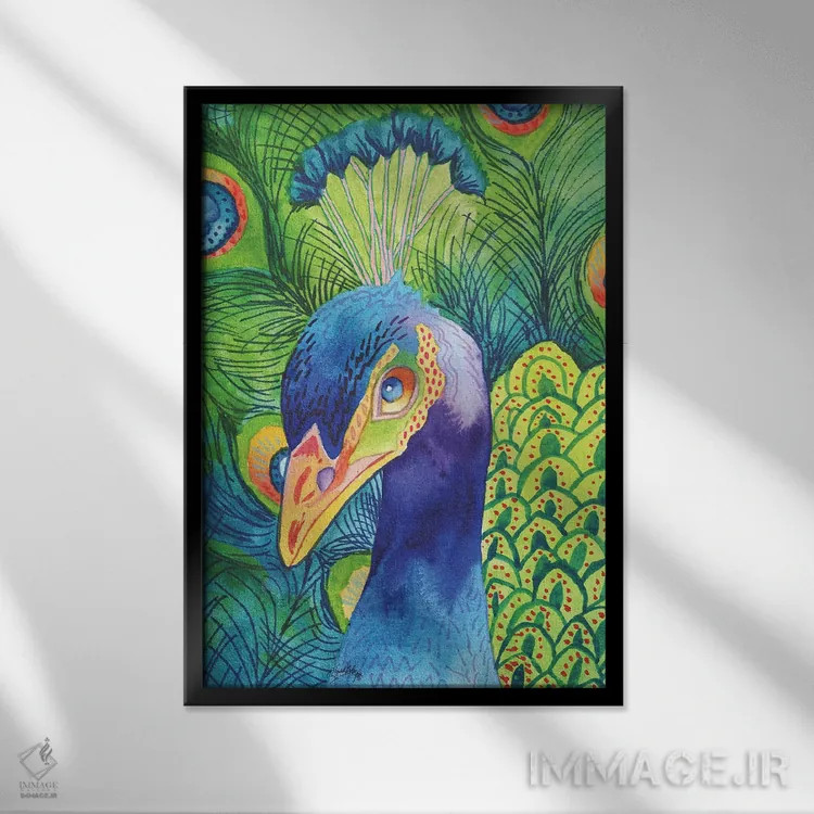 تابلو دکوراتیو طاووس بی نقص اثر الیزابت مدلی - نمای قابدار مشکی