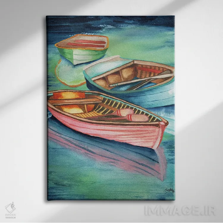 تابلو دکوراتیو قایق های پارویی پهلوگرفته ۲ اثر الیزابت مدلی - نمای روبهرو روی دیوار