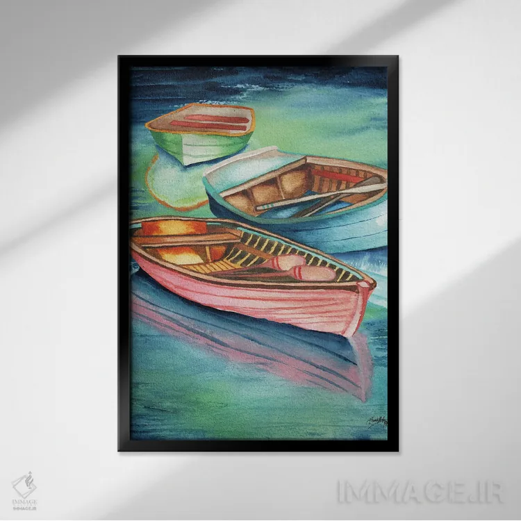 تابلو دکوراتیو قایق های پارویی پهلوگرفته ۲ اثر الیزابت مدلی - نمای قابدار مشکی