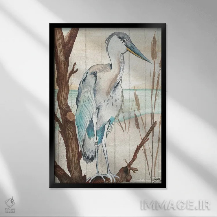 تابلو دکوراتیو حواصیل روی شاخه ۱ اثر الیزابت مدلی - نمای قابدار مشکی