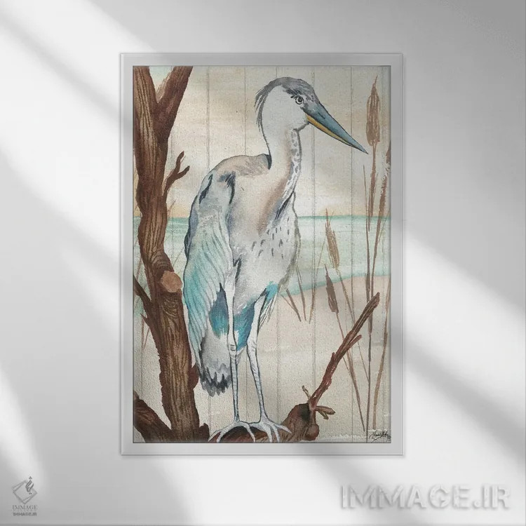 تابلو دکوراتیو حواصیل روی شاخه ۱ اثر الیزابت مدلی - نمای قابدار سفید