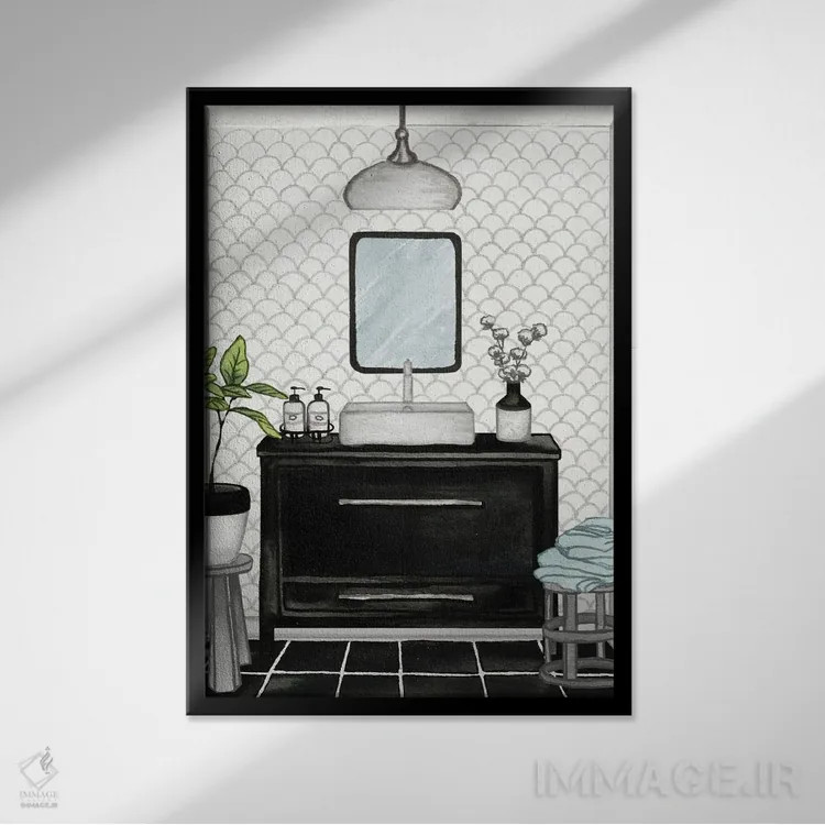 تابلو دکوراتیو حمام مدرن سیاه و سفید II اثر الیزابت مدلی - نمای قابدار مشکی
