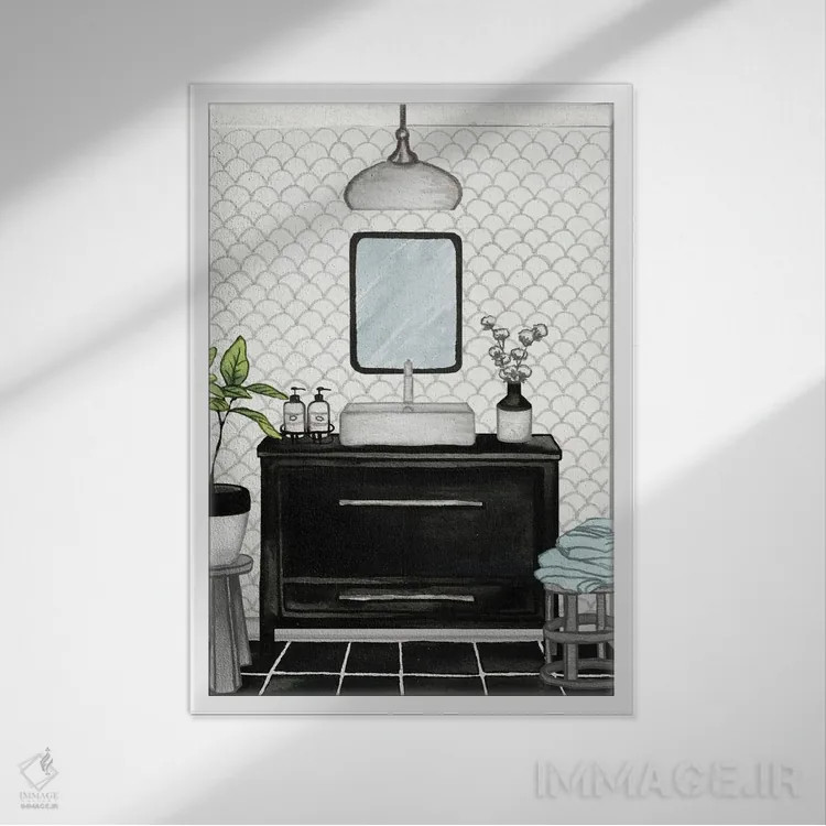 تابلو دکوراتیو حمام مدرن سیاه و سفید II اثر الیزابت مدلی - نمای قابدار سفید