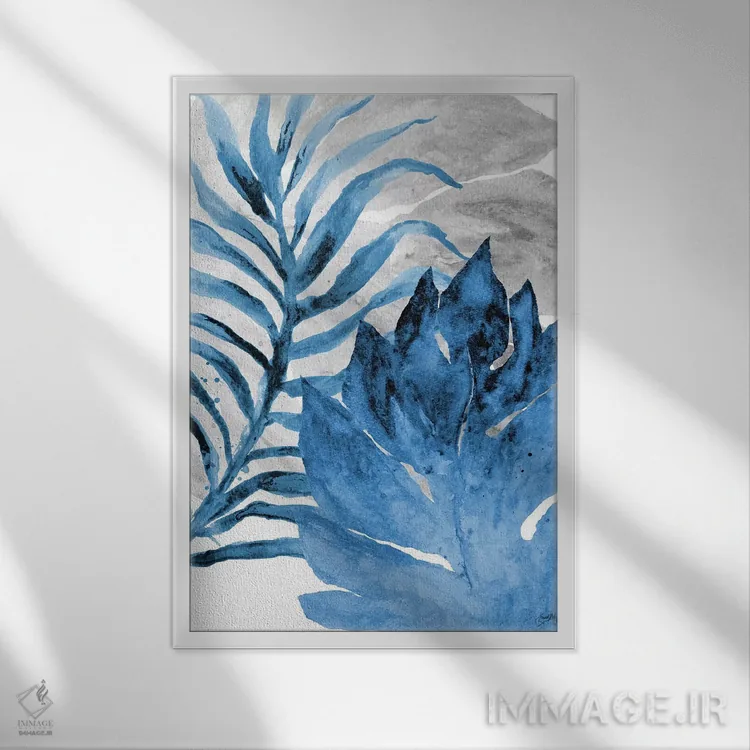 تابلو دکوراتیو سرخس و برگ آبی شماره یک اثر الیزابت مدلی - نمای قابدار سفید