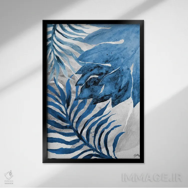 تابلو دکوراتیو سرخس و برگ آبی شماره دو اثر الیزابت مدلی - نمای قابدار مشکی