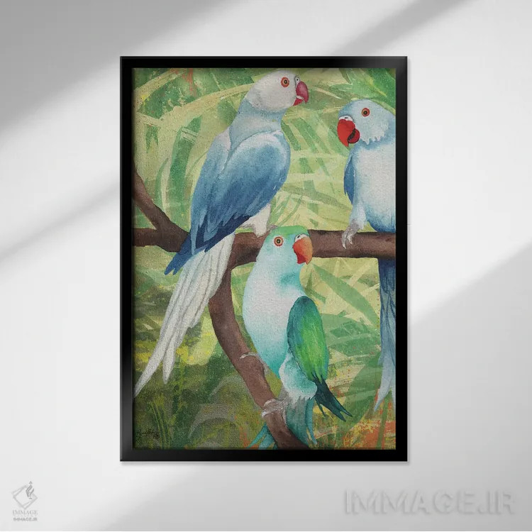 تابلو دکوراتیو پرندگان گرمسیری شماره یک اثر الیزابت مدلی - نمای قابدار مشکی