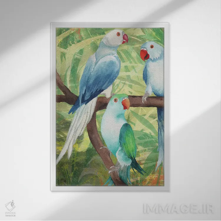 تابلو دکوراتیو پرندگان گرمسیری شماره یک اثر الیزابت مدلی - نمای قابدار سفید