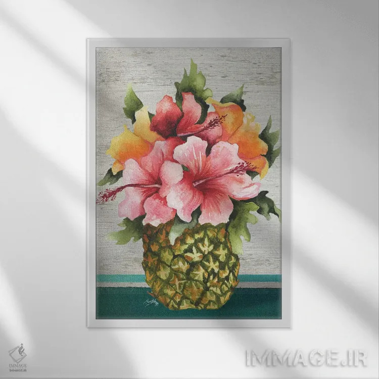 تابلو دکوراتیو دسته گل گرمسیری اثر الیزابت مدلی - نمای قابدار سفید