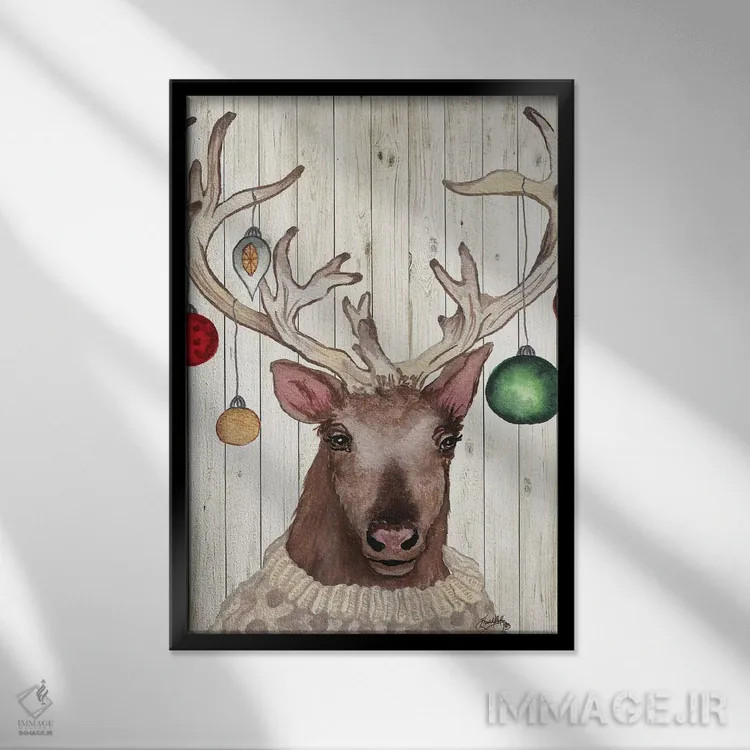 تابلو دکوراتیو گوزن شمالی کریسمسی دو اثر الیزابت مدلی - نمای قابدار مشکی