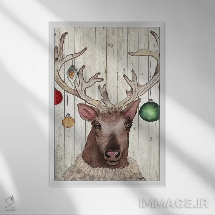 تابلو دکوراتیو گوزن شمالی کریسمسی دو اثر الیزابت مدلی - نمای قابدار سفید
