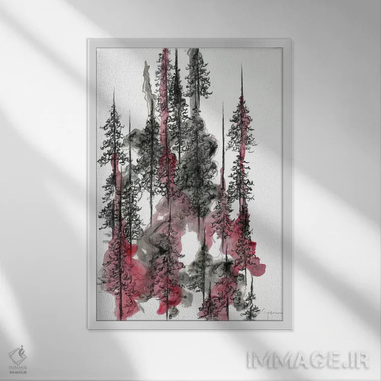 تابلو مینیمال درختان زغالی یک اثر امیلی ماگون - نمای قابدار سفید