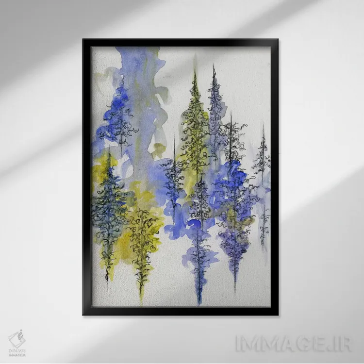 تابلو مینیمال درختان زغالی سه اثر امیلی ماگون - نمای قابدار مشکی
