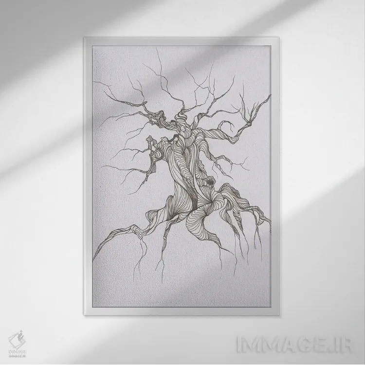 تابلو مینیمال درخت پرگره اثر امیلی ماگون - نمای قابدار سفید