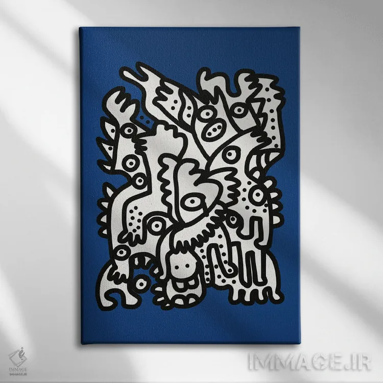 تابلو مینیمال موجودات گرافیتی آبی دریایی خوشحال هستند اثر امانوئل سیگنورینو - نمای روبهرو روی دیوار