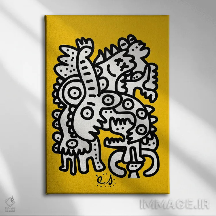 تابلو مینیمال موجودات گرافیتی سیاه و سفید روی زرد اثر امانوئل سیگنورینو - نمای روبهرو روی دیوار