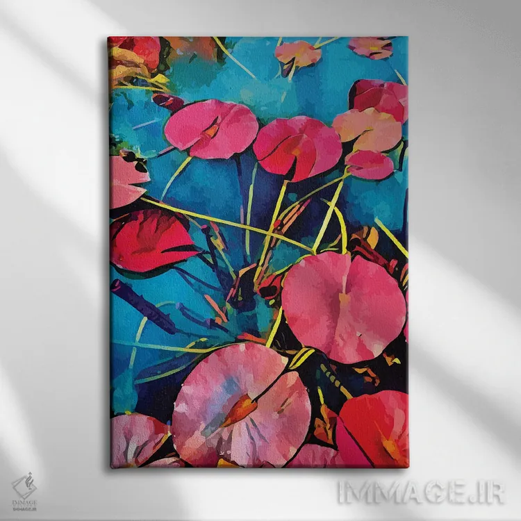 تابلو دکوراتیو شکوفایی زنبق های پاپ اثر امانوئل سیگنورینو - نمای روبهرو روی دیوار