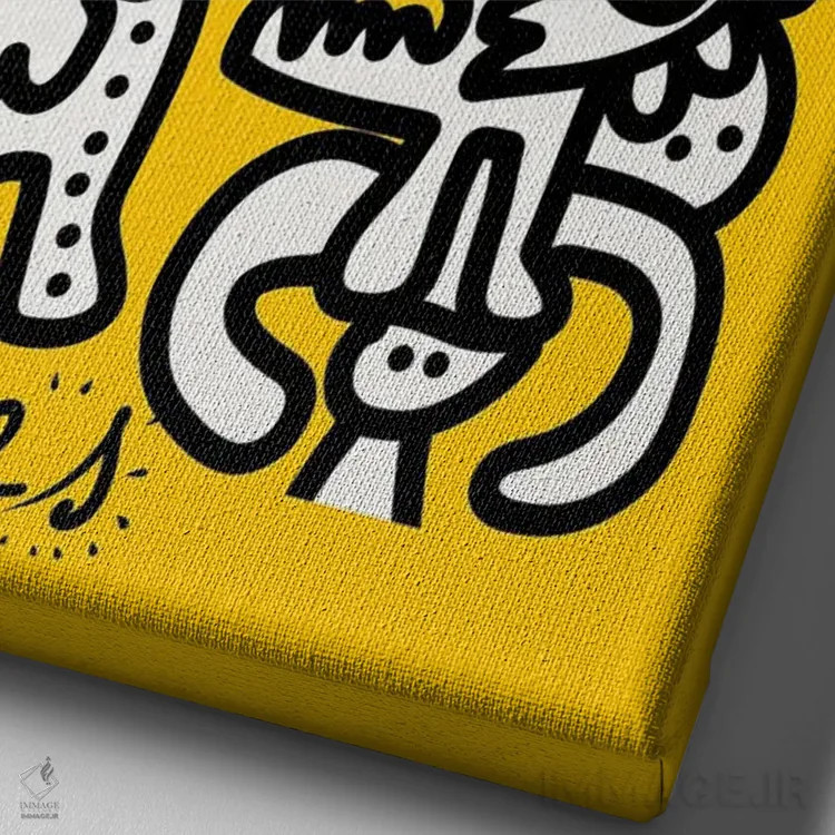 تابلو مینیمال موجودات گرافیتی سیاه و سفید روی زرد اثر امانوئل سیگنورینو - نمای نزدیک بافت بوم