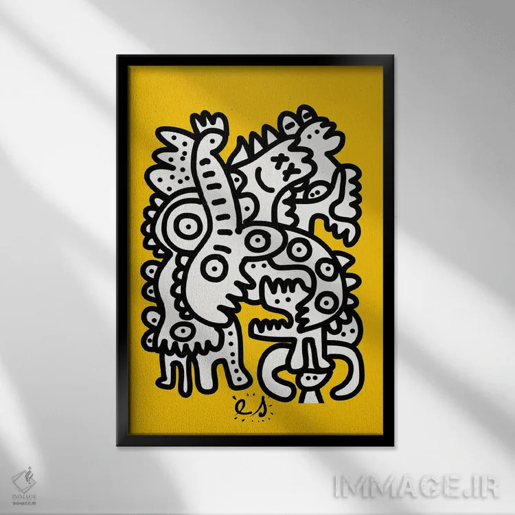 تابلو مینیمال موجودات گرافیتی سیاه و سفید روی زرد اثر امانوئل سیگنورینو - نمای قابدار مشکی