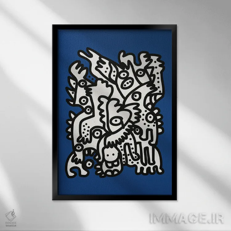 تابلو مینیمال موجودات گرافیتی آبی دریایی خوشحال هستند اثر امانوئل سیگنورینو - نمای قابدار مشکی