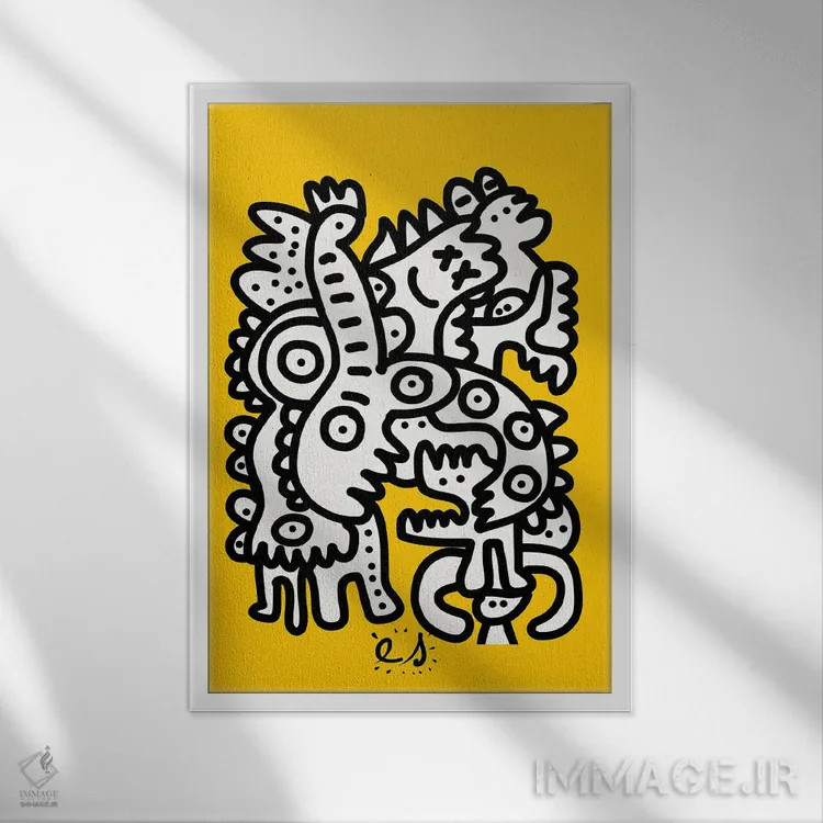 تابلو مینیمال موجودات گرافیتی سیاه و سفید روی زرد اثر امانوئل سیگنورینو - نمای قابدار سفید