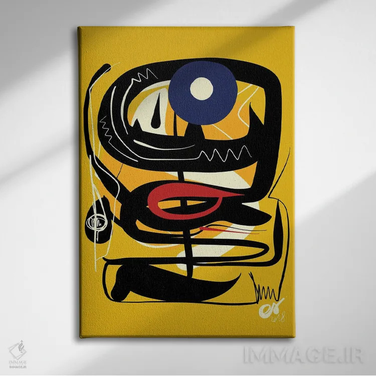 تابلو انتزاعی چشم آبی آفریقایی زرد اثر امانوئل سیگنورینو - نمای روبهرو روی دیوار