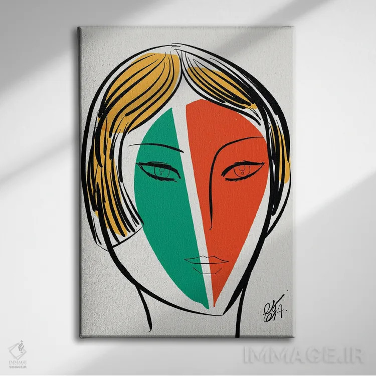 تابلو مدرن دختر سبز و نارنجی اثر امانوئل سیگنورینو - نمای روبهرو روی دیوار