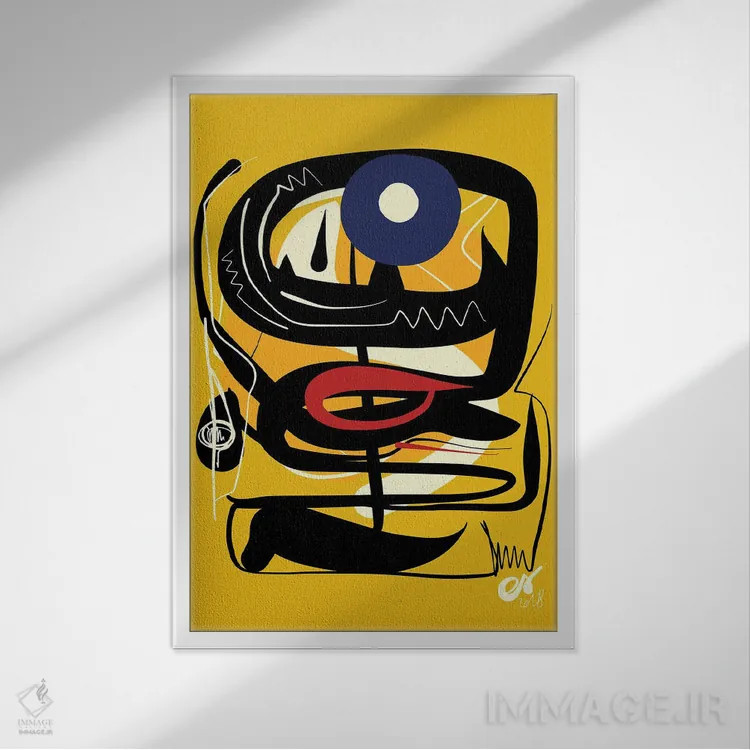 تابلو انتزاعی چشم آبی آفریقایی زرد اثر امانوئل سیگنورینو - نمای قابدار سفید