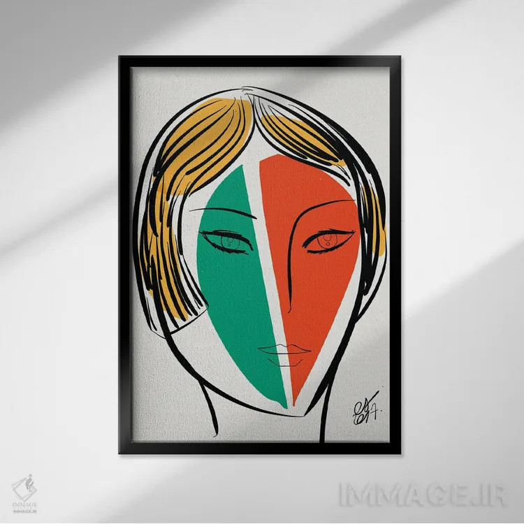 تابلو مدرن دختر سبز و نارنجی اثر امانوئل سیگنورینو - نمای قابدار مشکی
