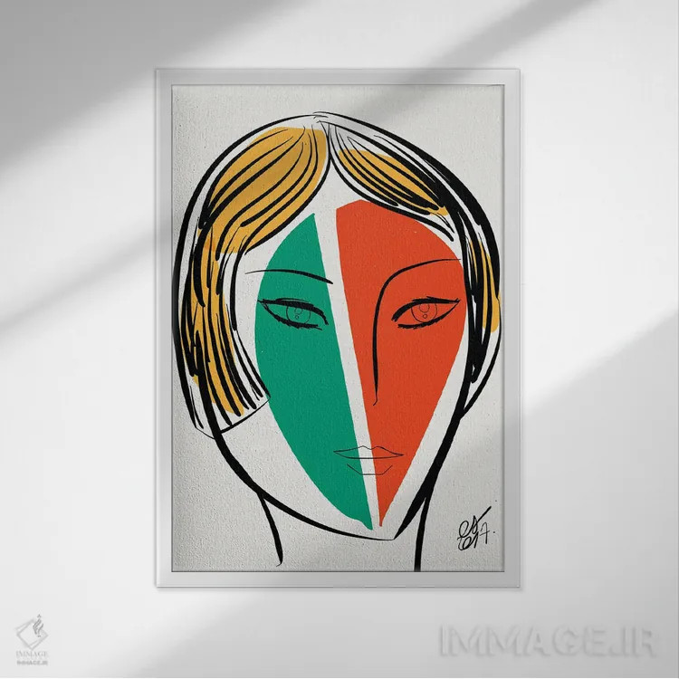 تابلو مدرن دختر سبز و نارنجی اثر امانوئل سیگنورینو - نمای قابدار سفید