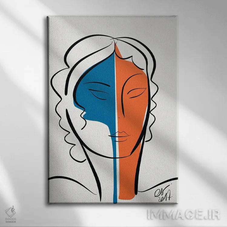 تابلو مینیمال دختر آبی نارنجی اثر امانوئل سیگنورینو - نمای روبهرو روی دیوار