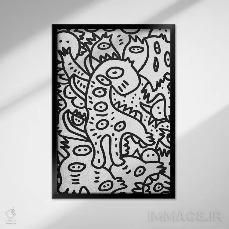 تابلو دکوراتیو دایناسور گرافیتی خفن اثر امانوئل سیگنورینو - نمای قابدار مشکی