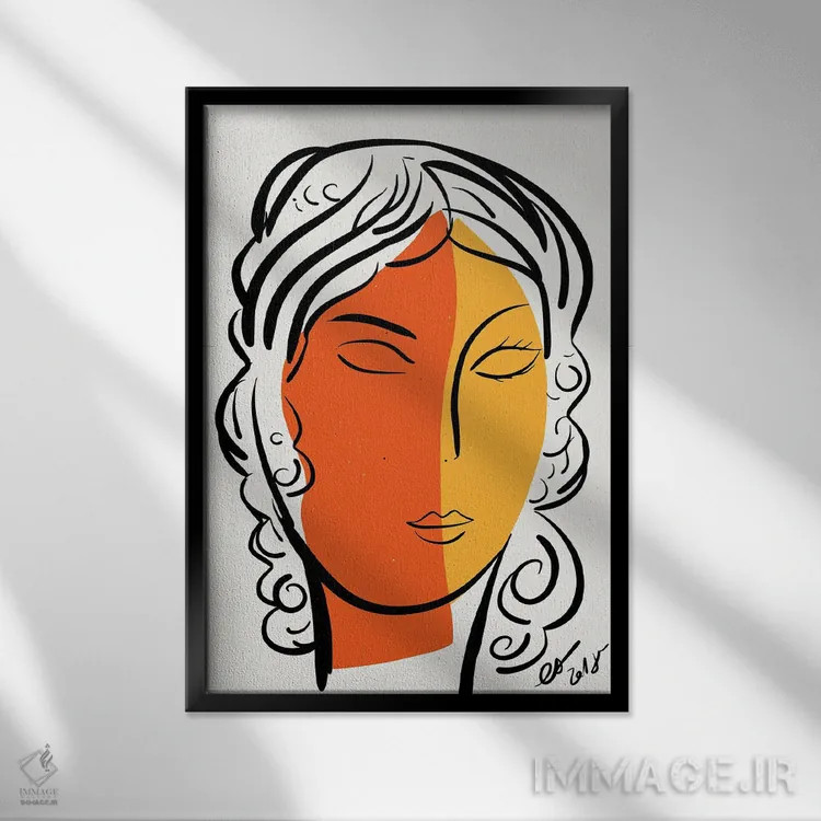 تابلو مینیمال پرتره نارنجی زرد یک زن اثر امانوئل سیگنورینو - نمای قابدار مشکی