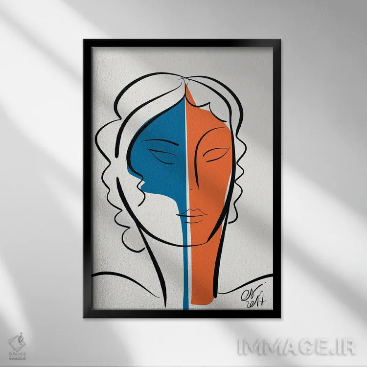 تابلو مینیمال دختر آبی نارنجی اثر امانوئل سیگنورینو - نمای قابدار مشکی