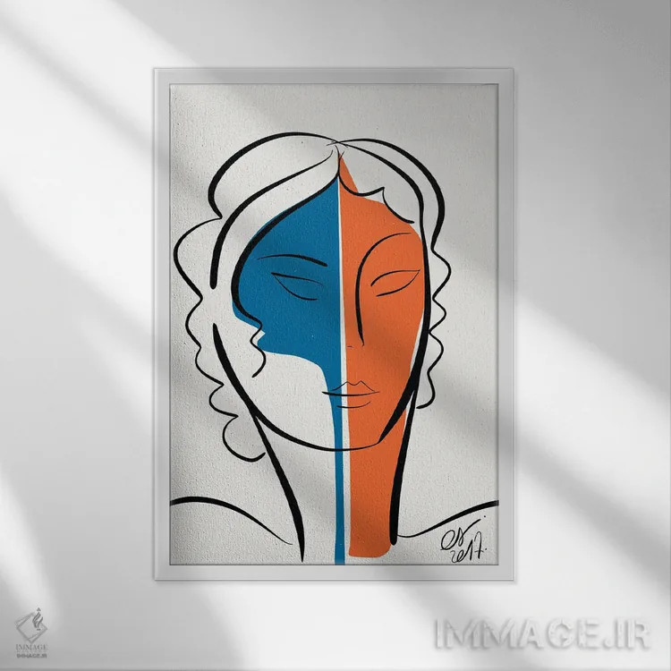 تابلو مینیمال دختر آبی نارنجی اثر امانوئل سیگنورینو - نمای قابدار سفید