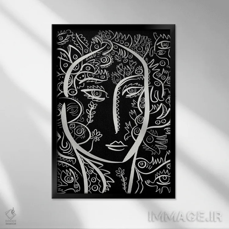 تابلو دکوراتیو پرتره زن گل دار همراه با گرافیتی اثر امانوئل سیگنورینو - نمای قابدار مشکی