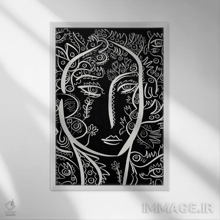 تابلو دکوراتیو پرتره زن گل دار همراه با گرافیتی اثر امانوئل سیگنورینو - نمای قابدار سفید