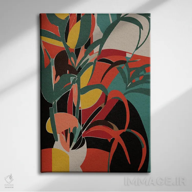 تابلو انتزاعی طبیعت بی جان نارنجی و زرد با یک گیاه اثر امانوئل سیگنورینو - نمای روبهرو روی دیوار