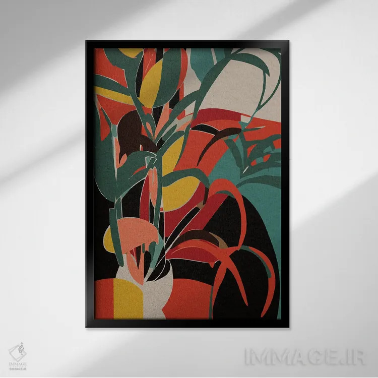 تابلو انتزاعی طبیعت بی جان نارنجی و زرد با یک گیاه اثر امانوئل سیگنورینو - نمای قابدار مشکی