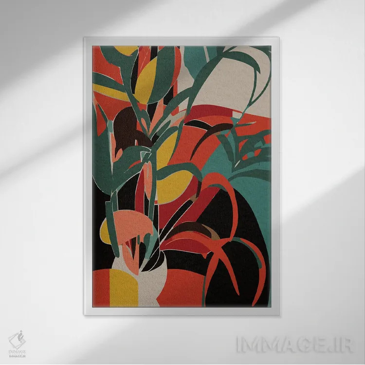 تابلو انتزاعی طبیعت بی جان نارنجی و زرد با یک گیاه اثر امانوئل سیگنورینو - نمای قابدار سفید