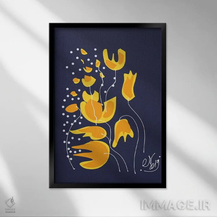 تابلو مینیمال گل های طلایی در شب اثر امانوئل سیگنورینو - نمای قابدار مشکی