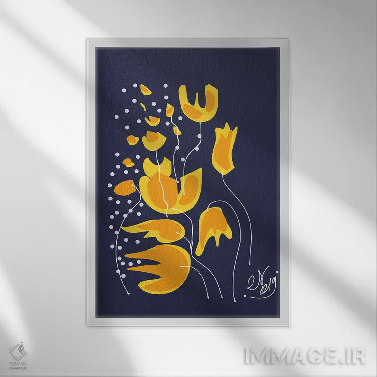 تابلو مینیمال گل های طلایی در شب اثر امانوئل سیگنورینو - نمای قابدار سفید