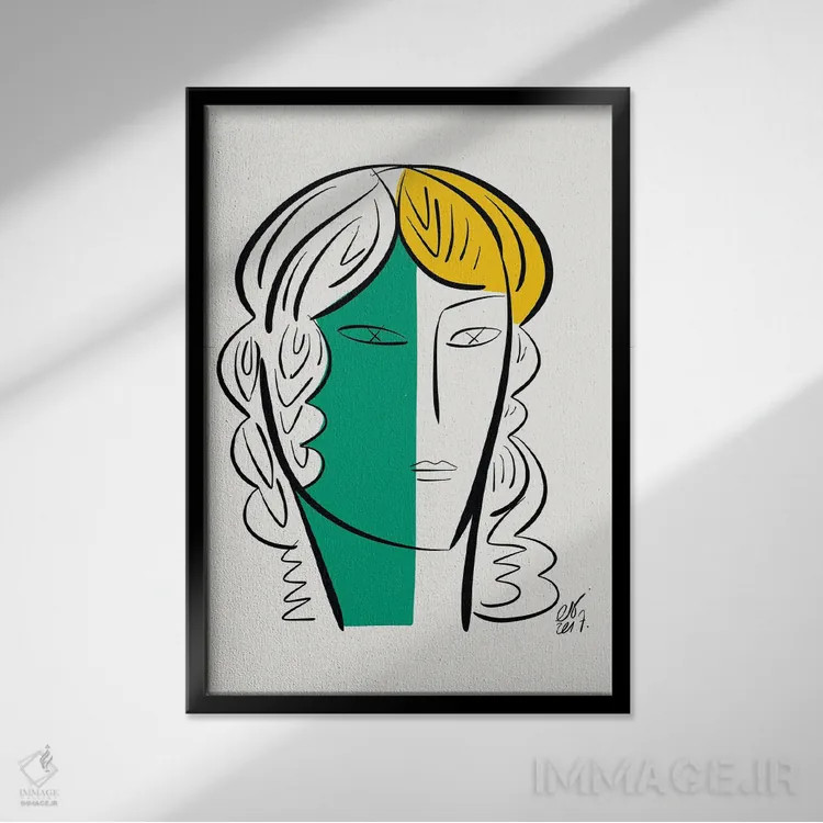 تابلو مینیمال پرتره دختر سفید و سبز اثر امانوئل سیگنورینو - نمای قابدار مشکی