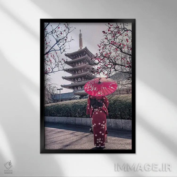 تابلو دکوراتیو بانویی با لباس قرمز اثر مانجیک پیکچرز - نمای قابدار مشکی