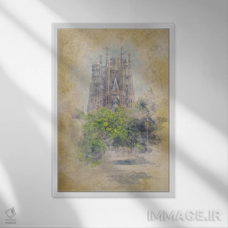 تابلو دکوراتیو آبرنگ ساگرادا فامیلیا اثر مانجیک پیکچرز - نمای قابدار سفید